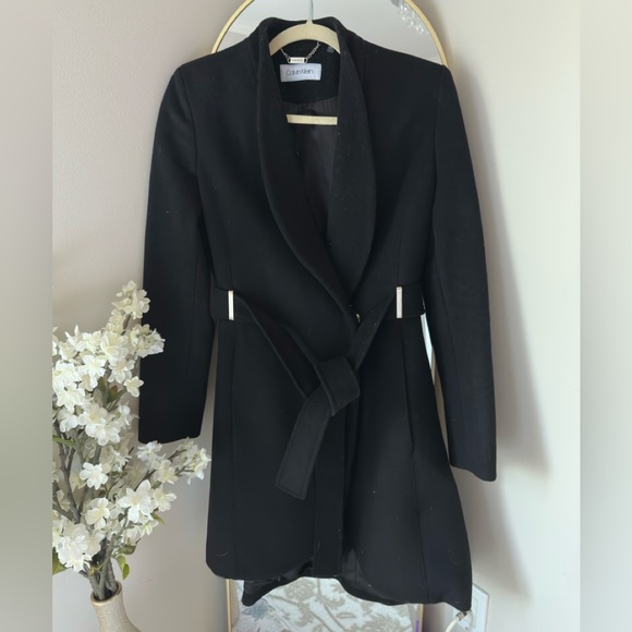 Calvin Klein Faux Fur Collar Black Belted Wrap Coat - Picture 2 of 13